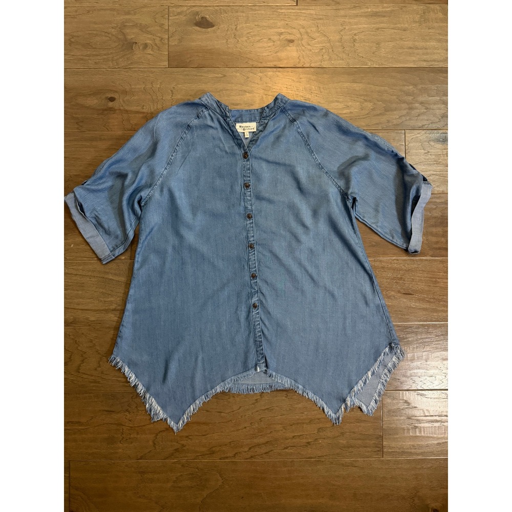 Hester & Orchard Blue Tencel Button Down Tunic Sharkbite Fringe Hem Top Large